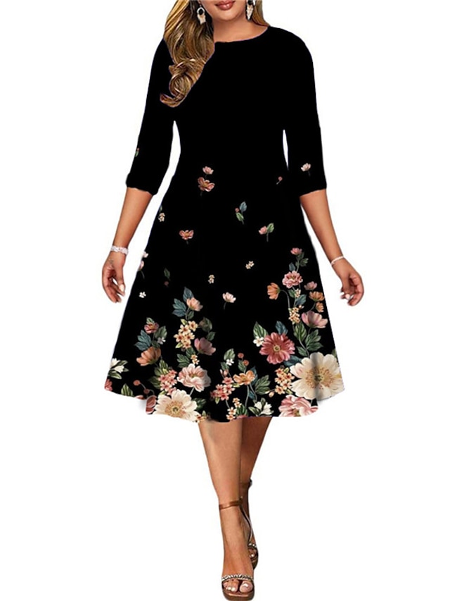 Womens Clothing Plus Size Collection | Womens Plus Size A Line Dress Floral Round Neck Print 3/4 Length Sleeve Spring Summer Wor