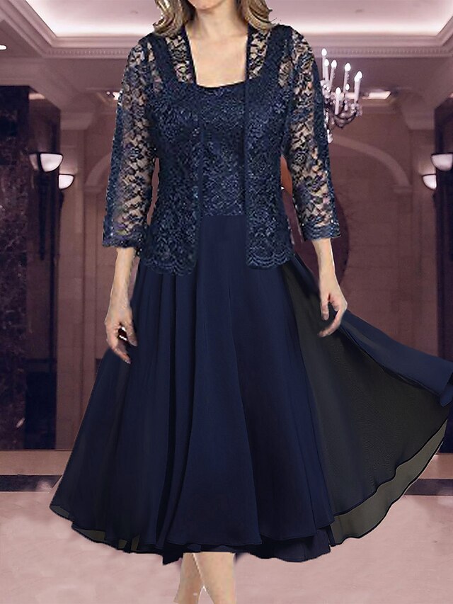  Women's A Line Dress Knee Length Dress Navy Blue 3/4 Length Sleeve Solid Color Ruched Lace Spring Summer U Neck Elegant Casual 2022 S M L XL XXL 3XL