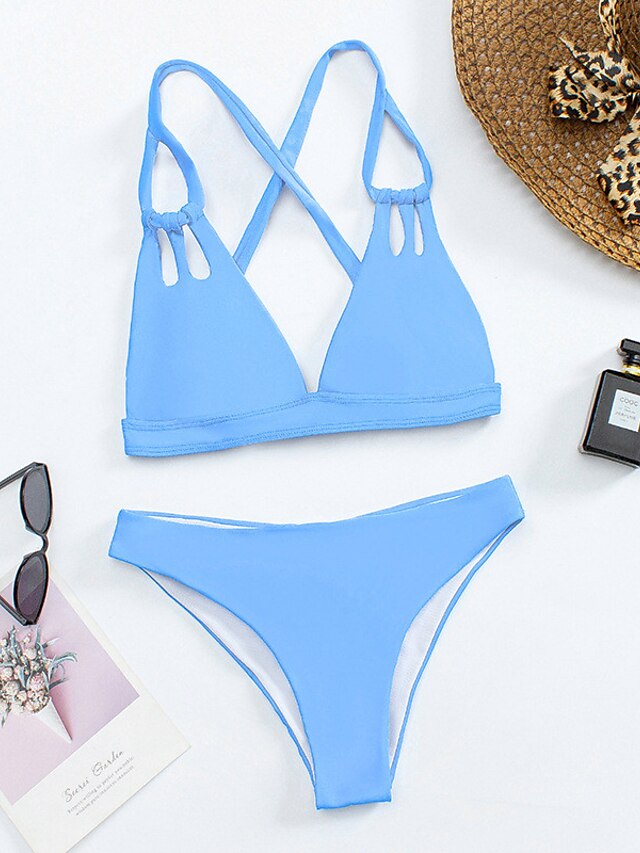 Womens Clothing Womens Swimwear | Womens Swimwear Bikini 2 Piece Normal Swimsuit Open Back string Pure Color Blue V Wire Bathing