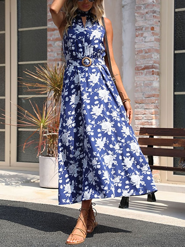 Womens Clothing Womens Dresses | Womens A Line Dress Maxi long Dress Royal Blue Sleeveless Floral Print Spring Summer Halter Nec