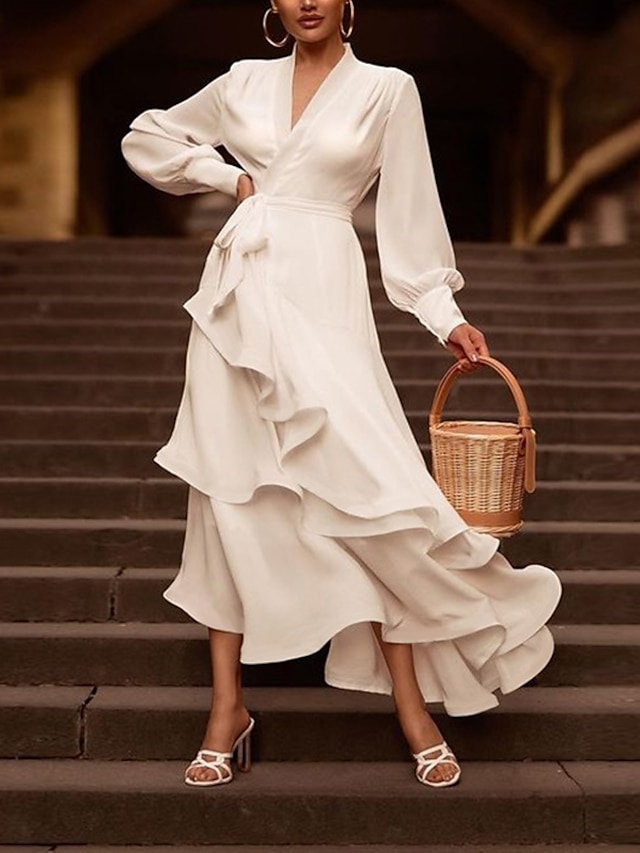  A-Line Wedding Dresses V Neck Asymmetrical Ankle Length Chiffon Long Sleeve Simple Sexy with Cascading Ruffles Solid Color 2022