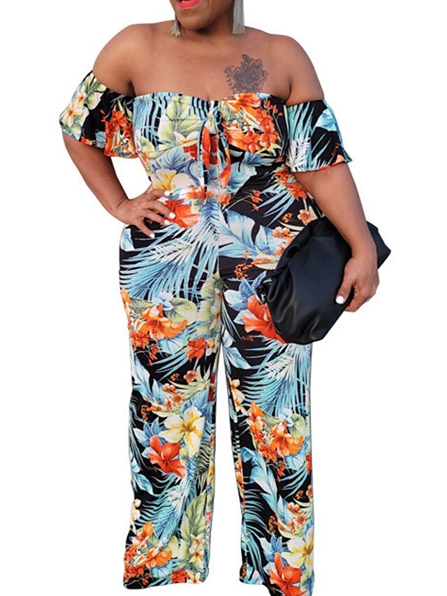 Womens Clothing Plus Size Collection | Womens Plus Size Jumpsuit Ruffle Print Floral Tropical Tropical Leaf Vacation Streetwear 