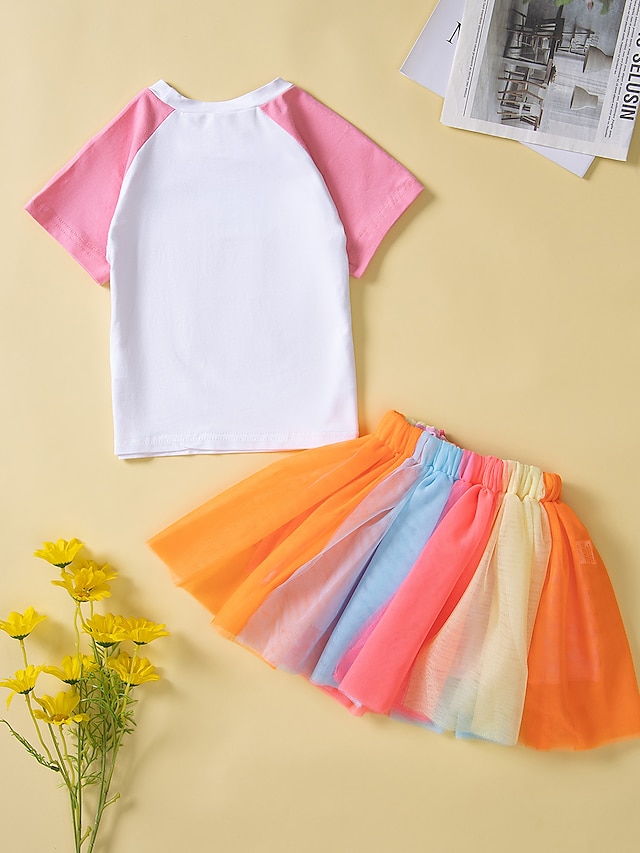 Baby & Kids Girls Clothing | Kids Girls T-shirt & Skirt Clothing Set 2 Pieces Short Sleeve White Rainbow Letter Casual Daily Reg