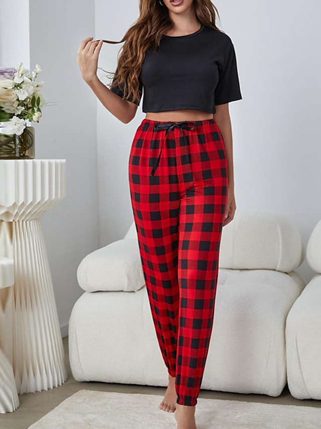 Womens Clothing Womens Sleep & Lounge | Womens Loungewear Sets Grid / Plaid Comfort Home Polyester Crew Neck Short Sleeve Pant P