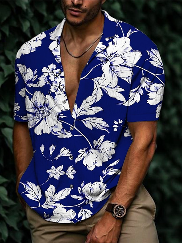 Men's Shirt Summer Hawaiian Shirt Summer Shirt Floral Turndown Red Navy ...