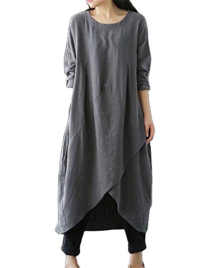  Women's Casual Dress Layered Dress Cotton Summer Dress Maxi Dress Linen Pocket Layered Daily Crew Neck Long Sleeve Summer Spring Fall Black Green Pure Color