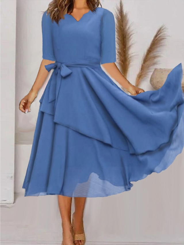  Women's Midi Dress Blue Half Sleeve Pure Color Ruched Spring Summer V Neck Romantic Wedding 2022 S M L XL XXL 3XL
