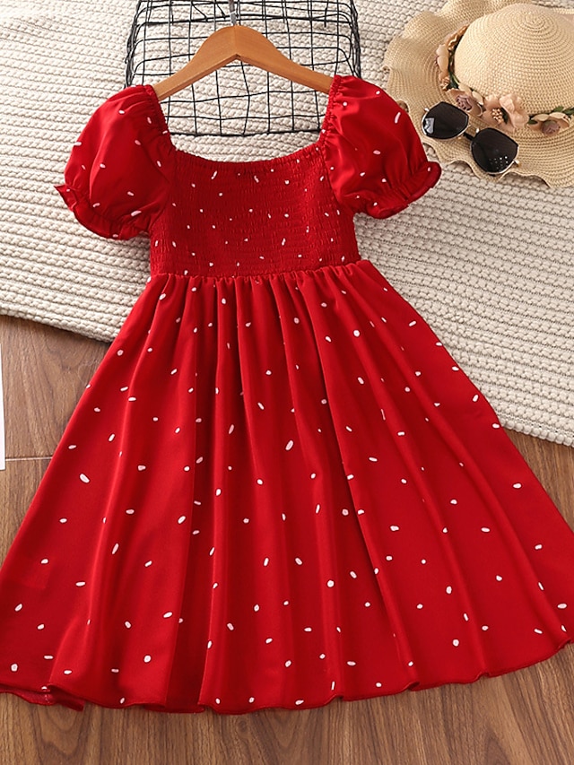  kinderkleidung Mädchen Kleid Punkt Kurzarm Täglich Puffärmel Prinzessin Süß Baumwolle Knielang A Linie Kleid Sommer Frühling 4-12 Jahre Rote