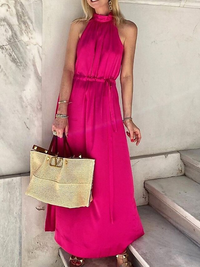 Womens Clothing Womens Dresses | Womens A Line Dress Midi Dress Fuchsia Sleeveless Pure Color Cold Shoulder Spring Summer High N