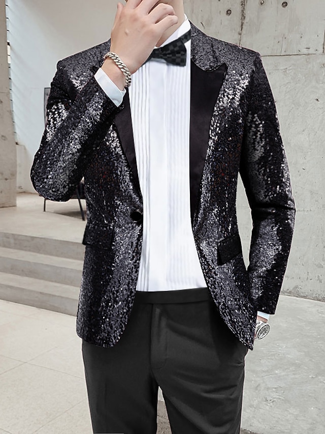 Men's Streetwear Party Sparkle Blazer Regular Regular Fit Sequin Black ...