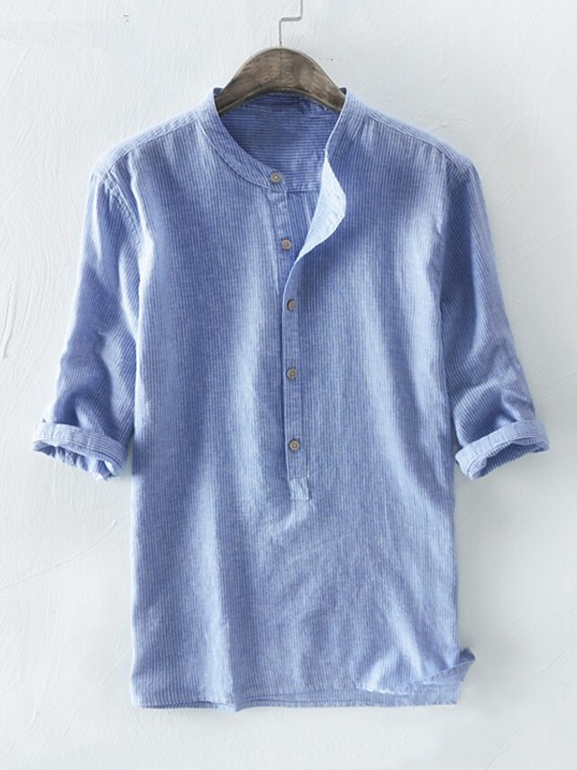  Men's Linen Shirt 1950s Casual Long Sleeve Light Blue Gray Light Grey Apricot Striped Henley Clothing Clothes Cotton Linen 1950s Casual