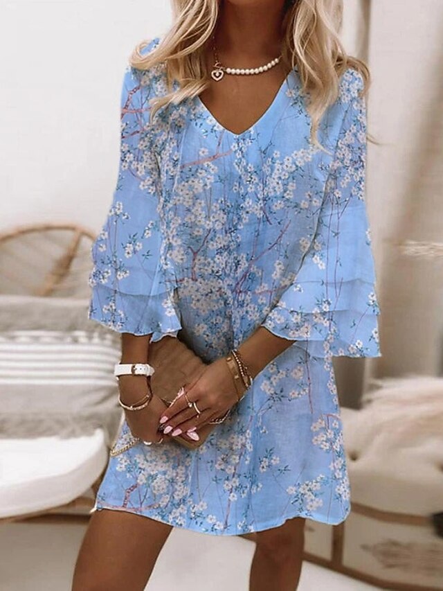  Mini robe Femme Robe casual Manches 3/4 Eté Printemps - Elégant Décontractées Ruché Imprimer Floral Col V 2023 Bleu clair S M L XL XXL 3XL