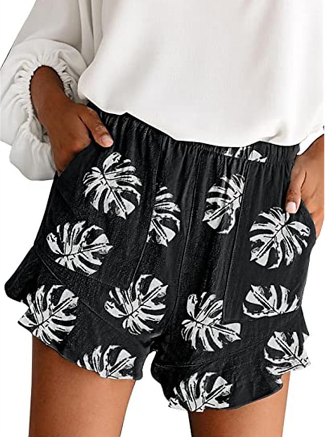 Womens Clothing Womens Bottoms | Womens Fashion Wide Leg Shorts Side Pockets Elastic Waist Print Short Pants Casual Weekend Micr