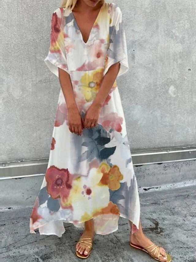  Feminino tie dye floral decote em bico vestido maxi longo vestido branco meia manga estampado primavera verão casual férias 2023 s-3xl