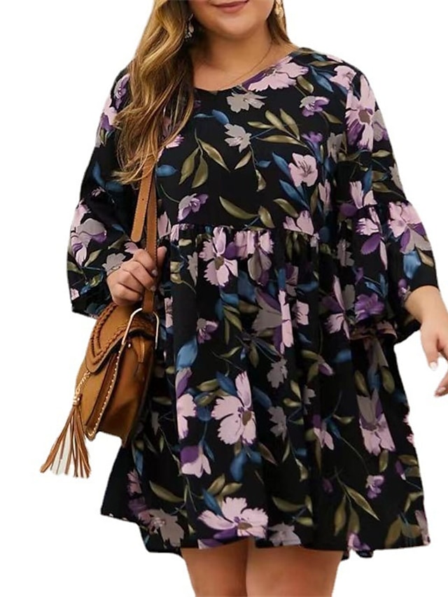 Womens Clothing Plus Size Collection | Womens Plus Size Shift Dress Floral V Neck Ruffle 3/4 Length Sleeve Spring Summer Casual 