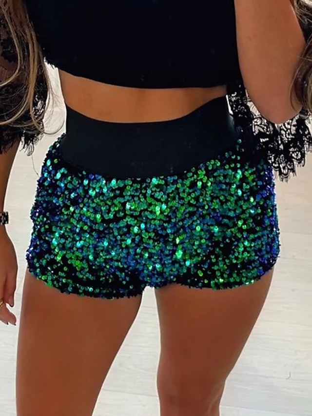 Womens Clothing Womens Bottoms | Womens Fashion Shorts Sequins Short Pants Club Weekend Stretchy Plain Comfort Mid Waist Green W