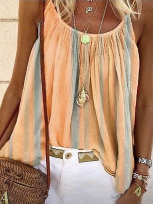  Damen Camisole Tank Top Camisole Sommer Tops Gelb Pink Blau Streifen gefältet Urlaub Boho Rundhals S