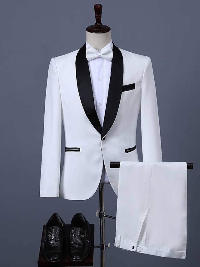  Black White Men's Prom Suits Special Occasion Party Evening Tuxedos 2 Piece Solid Colored Shawl Collar Tailored Fit Single Breasted One-button 2024