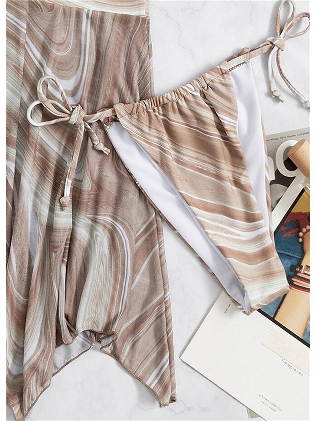 Womens Clothing Womens Swimwear | Womens Swimwear Bikini Three Piece Normal Swimsuit Backless 3-Piece Printing Striped Khaki Hal