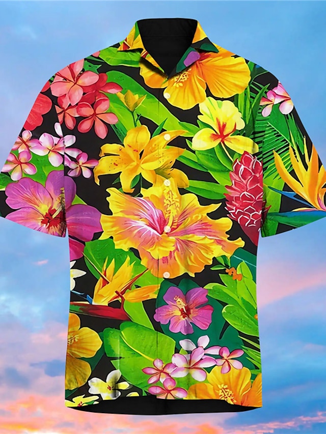  Men's Shirt Print Floral Turndown Street Casual Button-Down Print Short Sleeve Tops Casual Fashion Designer Hawaiian Black