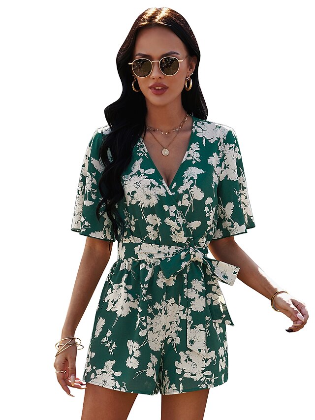 Womens Clothing Womens Jumpsuits & Rompers | Womens Romper Print Print V Neck Streetwear Daily Loose Short Sleeve Green Black Wi