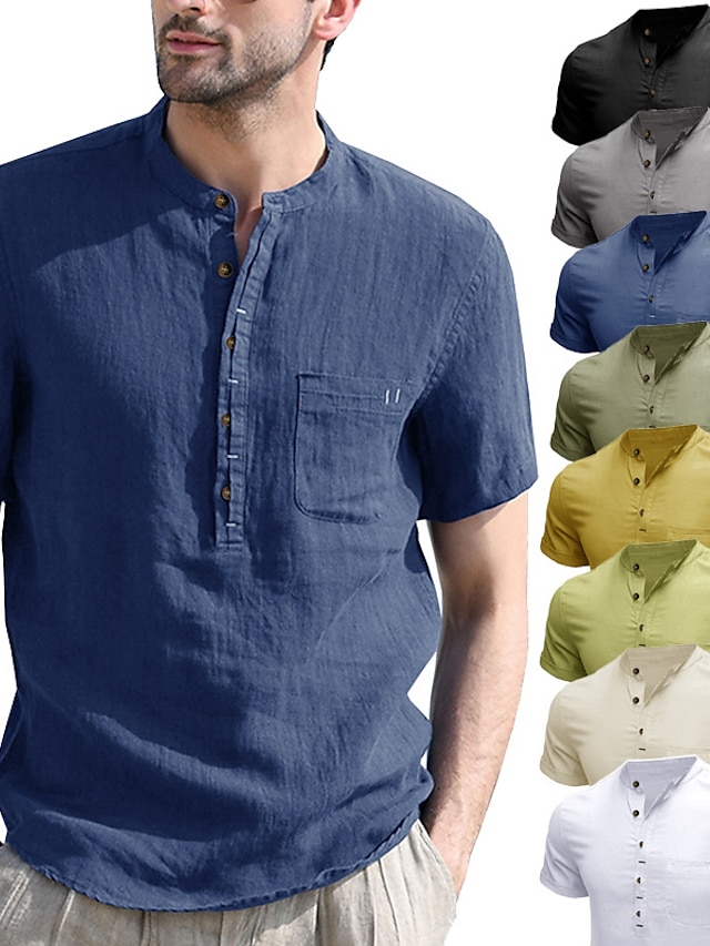  Men's Shirt Summer Shirt Beach Shirt White Royal Blue Apricot Short Sleeve Plain Henley Summer Casual Daily Clothing Apparel Front Pocket