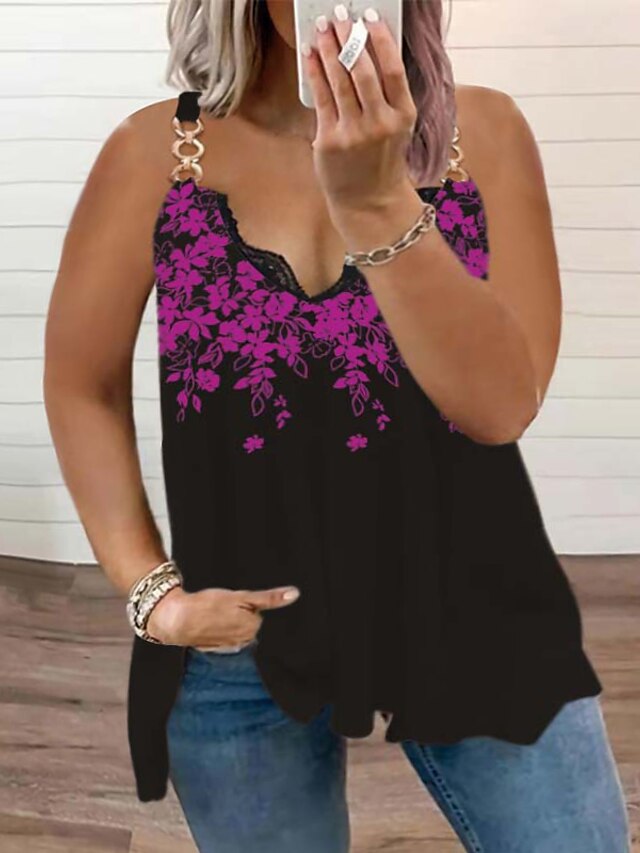 Womens Clothing Plus Size Collection | Womens Plus Size Tops T shirt Floral Lace Print Sleeveless V Neck Sexy Streetwear Daily V