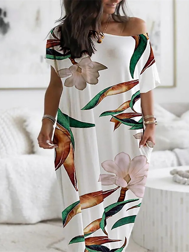 Womens Clothing Womens Dresses | Womens Casual Dress Maxi long Dress White Sleeveless Floral Print Spring Summer Crew Neck Class