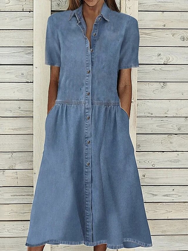 Women's Casual Dress Denim Shirt Dress Maxi long Dress Denim Basic ...