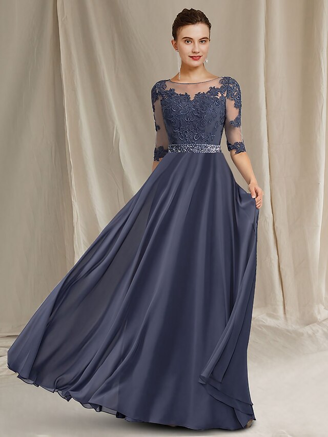 A-Line Mother of the Bride Dress Luxurious Elegant Jewel Neck Floor ...