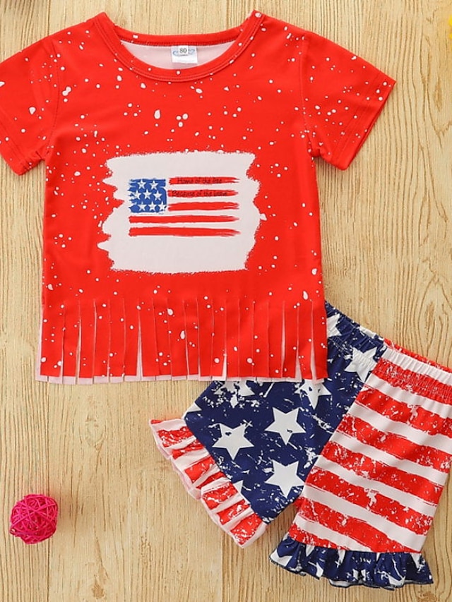 Baby & Kids Girls Clothing | Kids Girls American Independence Day T-shirt & Shorts Clothing Set 2 Pieces Short Sleeve Red Flag P