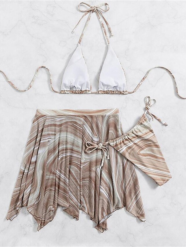 Womens Clothing Womens Swimwear | Womens Swimwear Bikini Three Piece Normal Swimsuit Backless 3-Piece Printing Striped Khaki Hal