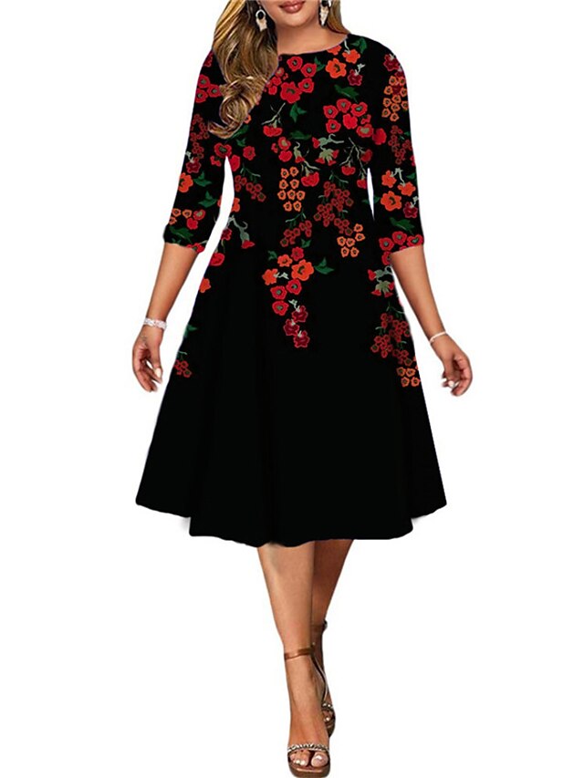 Womens Clothing Plus Size Collection | Womens Plus Size A Line Dress Floral Round Neck Print 3/4 Length Sleeve Spring Summer Wor