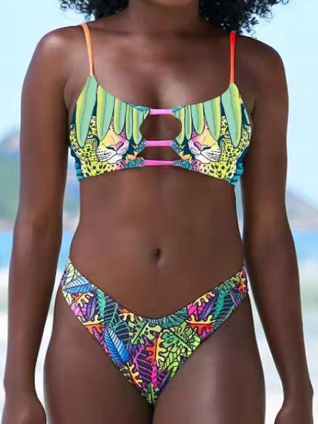 Womens Clothing Womens Swimwear | Womens Swimwear Bikini 2 Piece Normal Swimsuit Open Back Printing string Flower Green Strap Ba