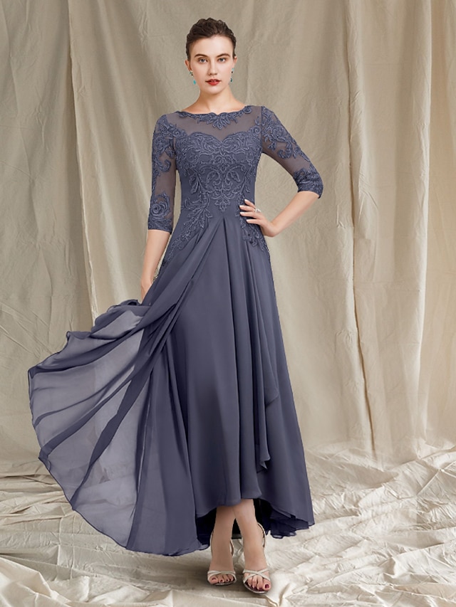  A-Line Mother of the Bride Dress Elegant Jewel Neck Asymmetrical Tea Length Chiffon Lace 3/4 Length Sleeve with Pleats Appliques 2022