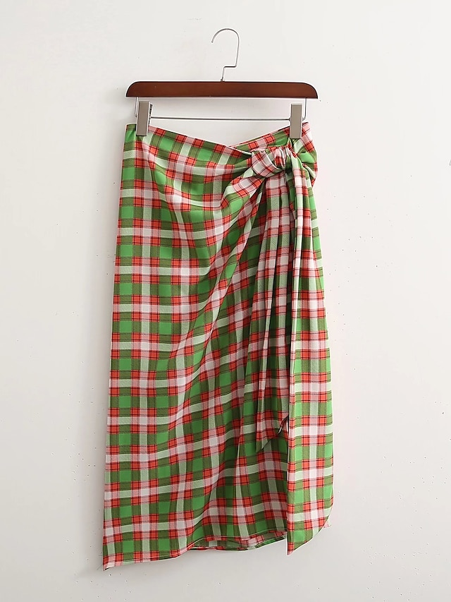 Womens Clothing Womens Bottoms | Womens Vintage Skirts Daily Festival Plaid Checkered Ruched Green S M L - OI97876