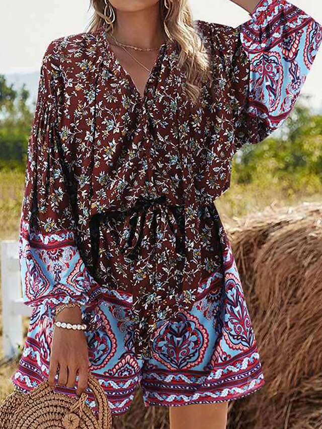 Womens Clothing Womens Jumpsuits & Rompers | Womens Romper Print Floral V Neck Casual Daily Regular Fit Long Sleeve Black Gray W