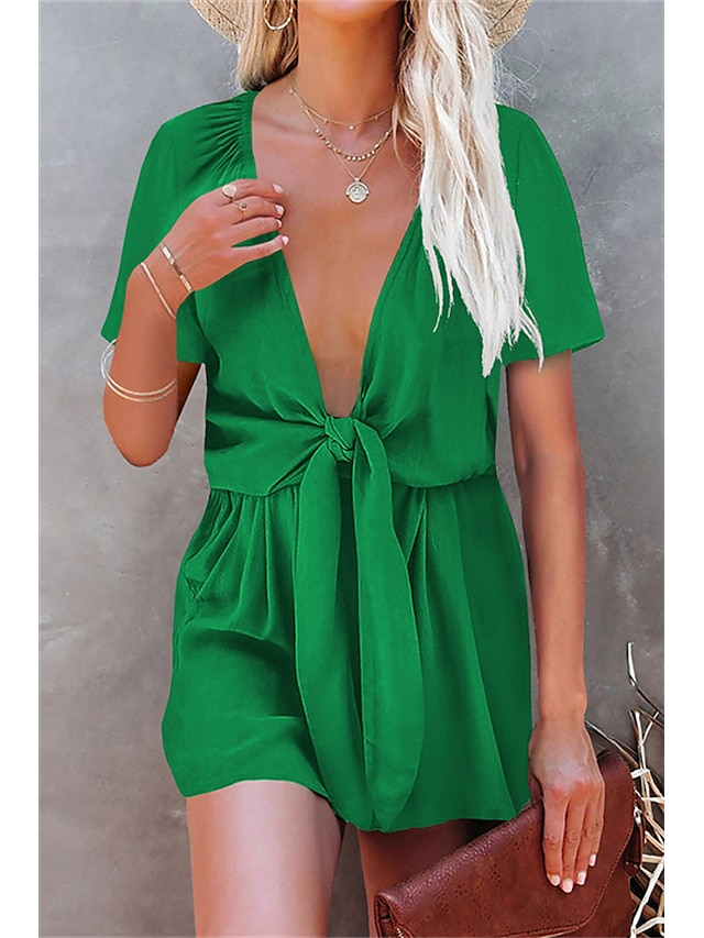 Womens Clothing Womens Jumpsuits & Rompers | Womens Romper Lace up Pocket Solid Color V Neck Casual Street Daily Regular Fit Sho