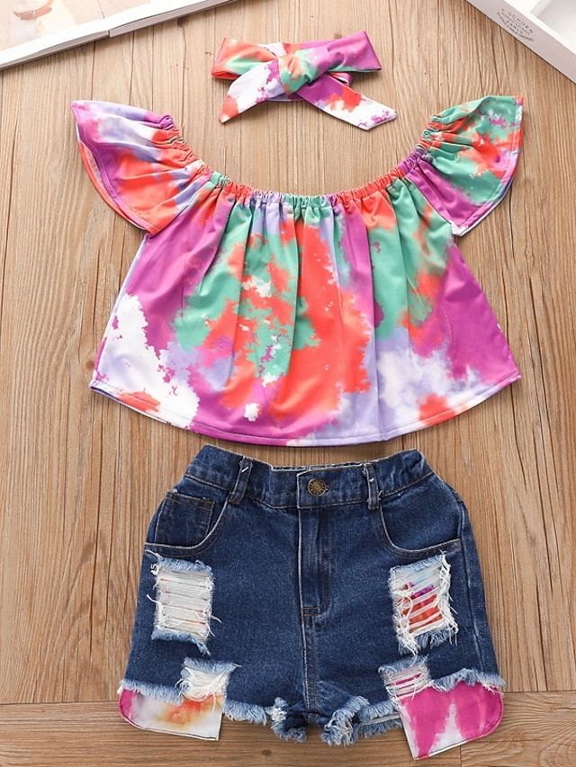 Baby & Kids Girls Clothing | Kids Girls T-shirt & Shorts Clothing Set 3 Pieces Short Sleeve Multi color Tie Dye Ruched Print Str