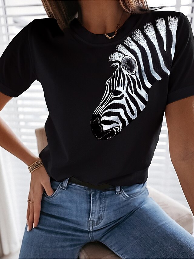  Women's T shirt Tee Zebra Casual Weekend Painting Short Sleeve T shirt Tee Round Neck Print Basic Essential Black S / 3D Print