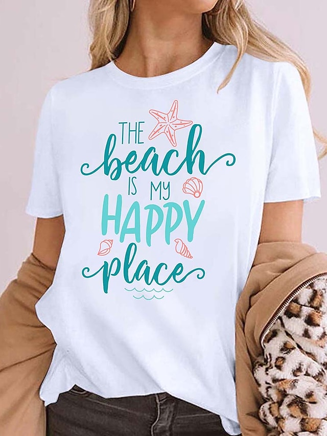  Women's T shirt Tee Green White Black Ocean Print Short Sleeve Casual Weekend Basic Round Neck Regular Cotton The Beach Is My Happy Place Painting S