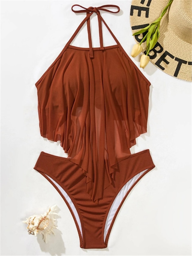 Womens Clothing Womens Swimwear | Womens Swimwear Bikini 2 Piece Normal Swimsuit Open Back Mesh Pure Color Brown Camisole Strap 