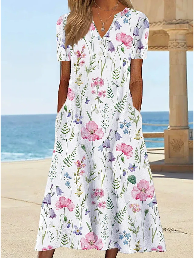 Women's Casual Dress T Shirt Dress Tee Dress Floral Print Print V Neck ...