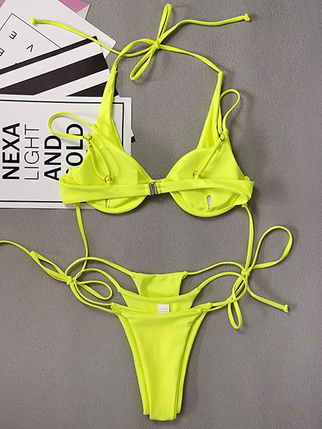 Womens Clothing Womens Swimwear | Womens Swimwear Bikini 2 Piece Normal Swimsuit 2 in 1 Open Back Pure Color Yellow Strap Bathin