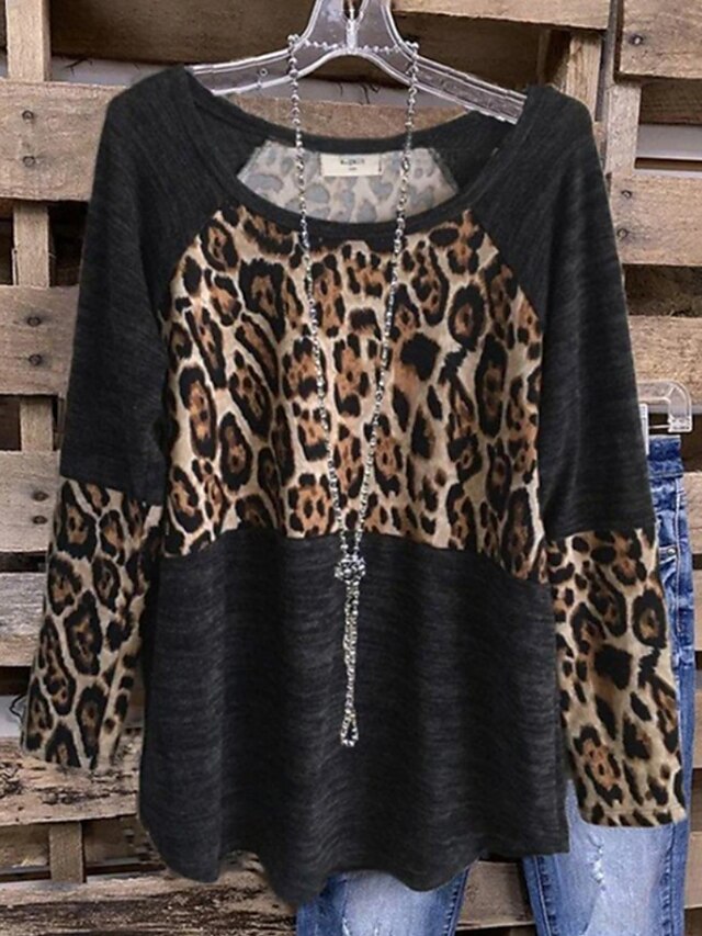 Womens Clothing Plus Size Collection | Womens Plus Size Tops Blouse Leopard Print Long Sleeve Round Neck Streetwear Festival Dai