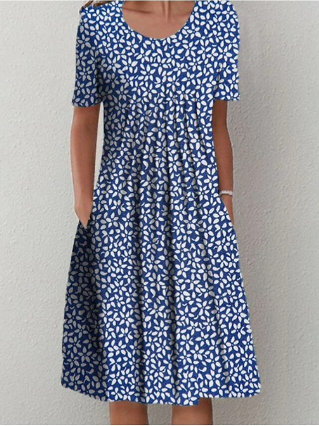 Women's Casual Dress Midi Dress Blue Short Sleeve Floral Ruched Spring ...