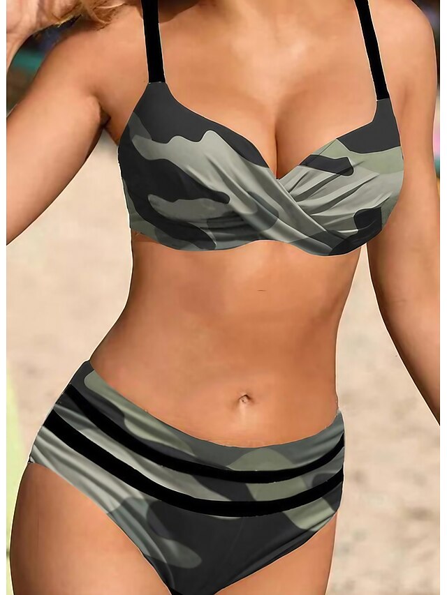  Women's Swimwear Bikini Bathing Suits 2 Piece Normal Swimsuit High Waisted Camouflage Gray Padded V Wire Bathing Suits Sports Vacation Sexy / Strap / New / Strap