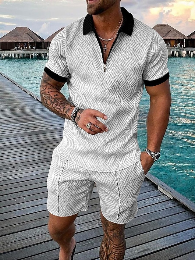 Men's Casual Color Contrast Polo Zipper Lapel Shirt Short-sleeved Suit 12