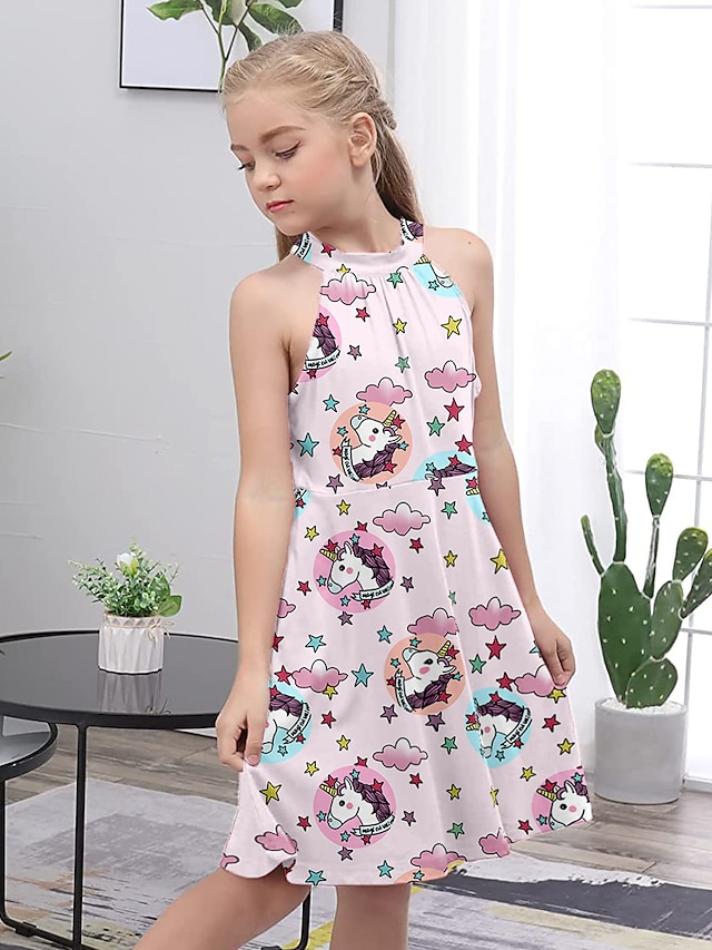 Baby & Kids Girls Clothing | Kids Little Girls Dress Cartoon A Line Dress Daily Vacation Patchwork Print Purple Pink Fuchsia Abo