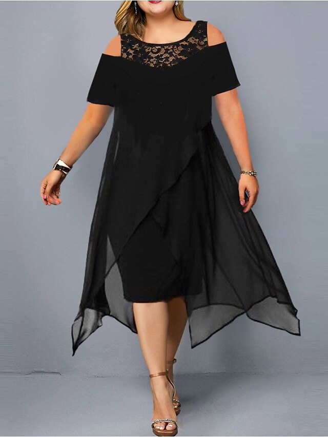 Womens Clothing Plus Size Collection | Womens Plus Size A Line Dress Solid Color Round Neck Mesh Short Sleeve Summer Casual Midi